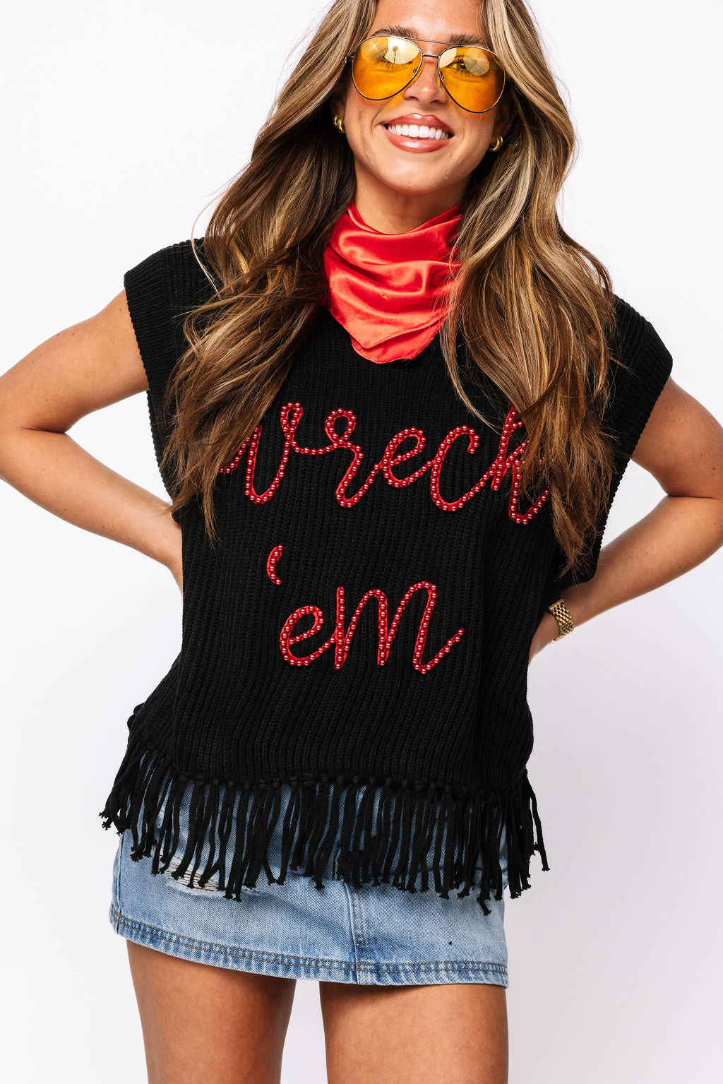 Licensed-Black & Red 'Wreck Em' Fringe Sweater Vest