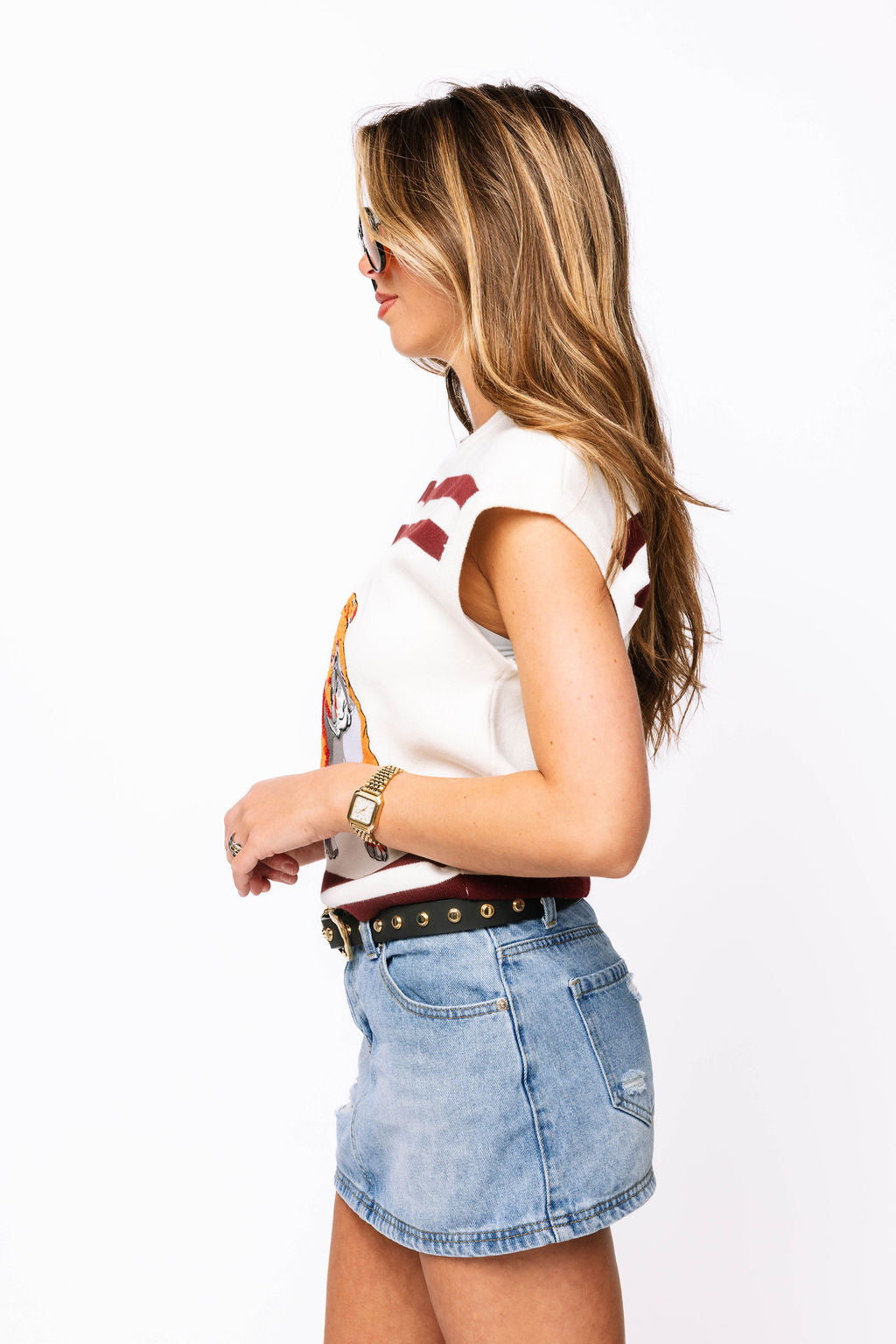 Licensed-Maroon & White MS State Bulldog Striped Short Sleeve Top