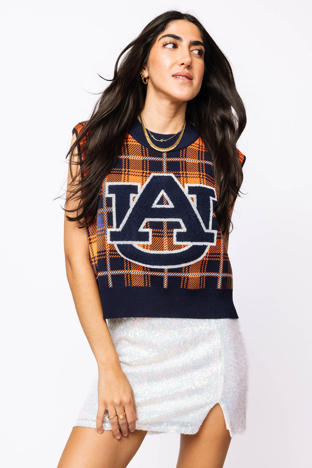 Licensed- Navy & Orange Plaid Auburn Sweater Vest