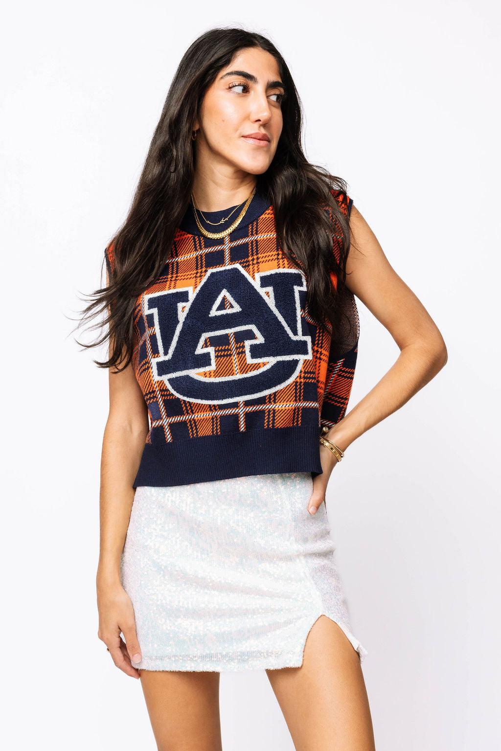 Licensed- Navy & Orange Plaid Auburn Sweater Vest