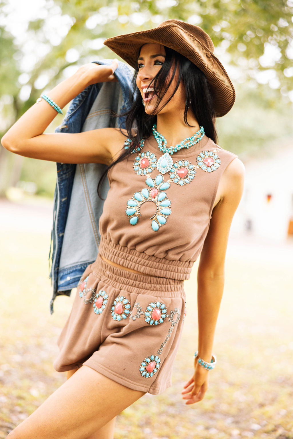 Brown Turquoise Necklace Shorts