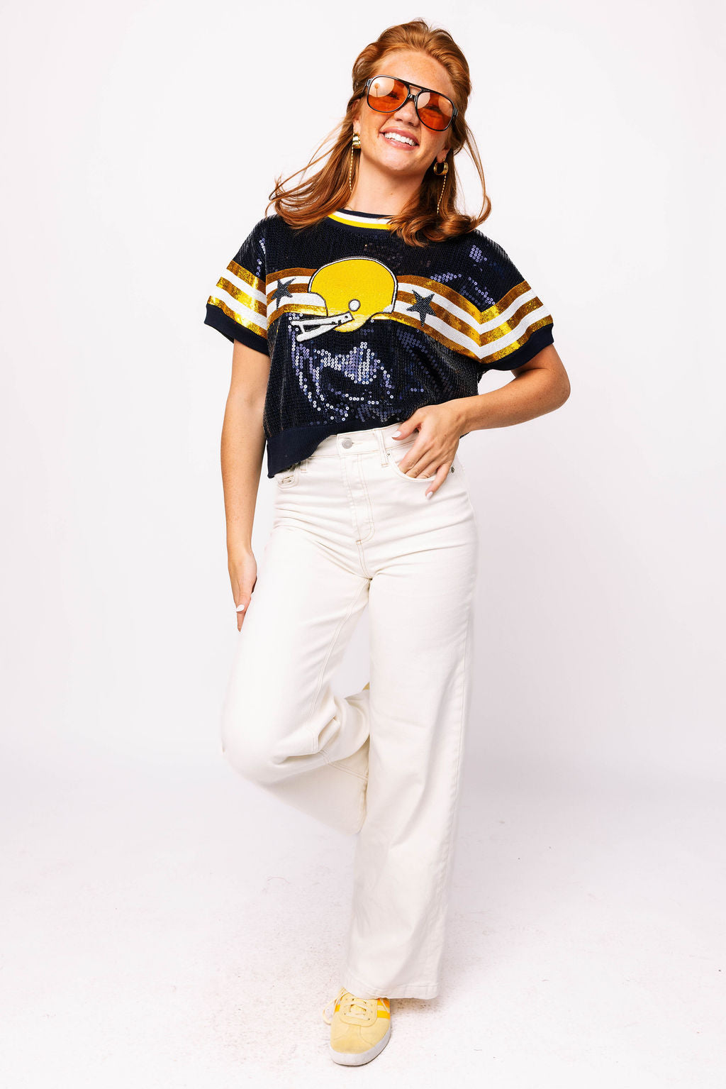 SAMPLE - Navy & Yellow Full Sequin Football Striped SS Sweater