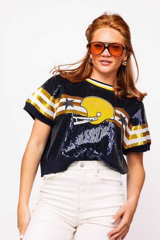 SAMPLE - Navy & Yellow Full Sequin Football Striped SS Sweater