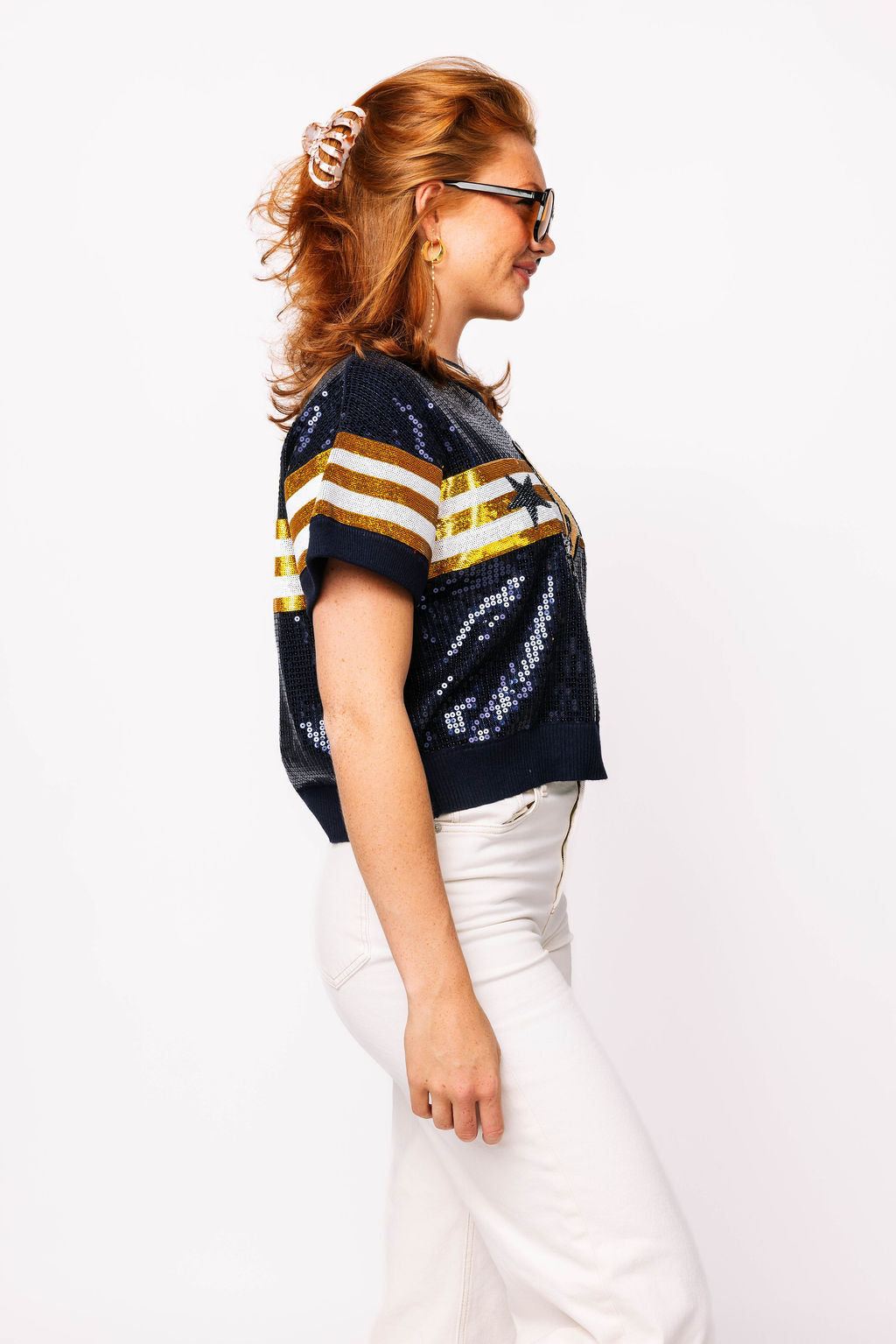 SAMPLE - Navy & Yellow Full Sequin Football Striped SS Sweater