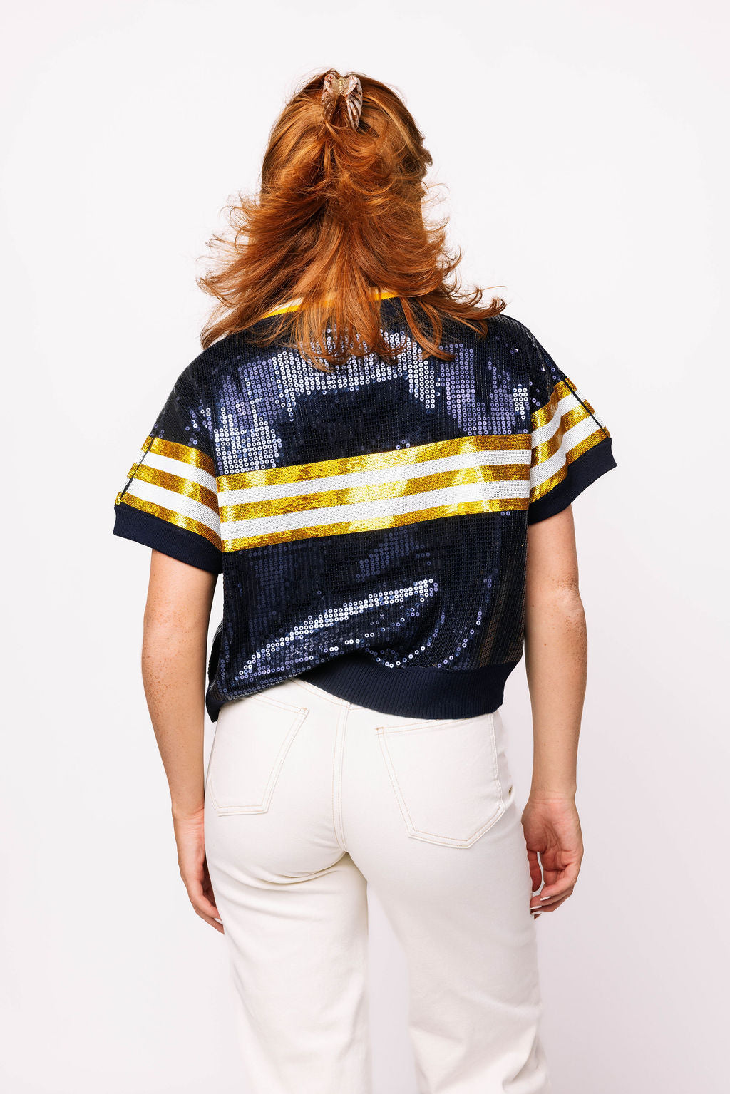 SAMPLE - Navy & Yellow Full Sequin Football Striped SS Sweater