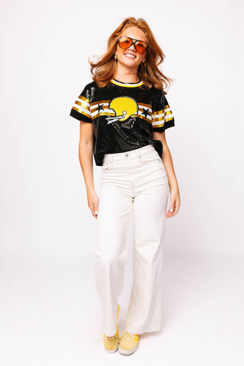 SAMPLE - Black & Gold Full Sequin Football Striped SS Sweater