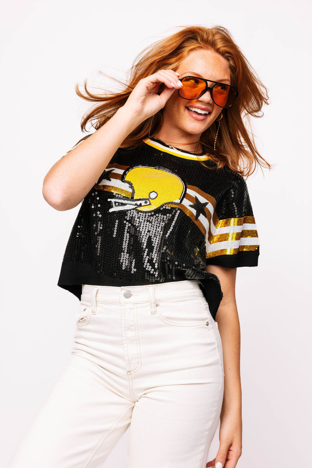 SAMPLE - Black & Gold Full Sequin Football Striped SS Sweater