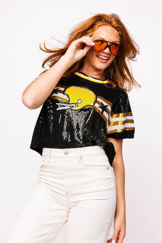 SAMPLE - Black & Gold Full Sequin Football Striped SS Sweater