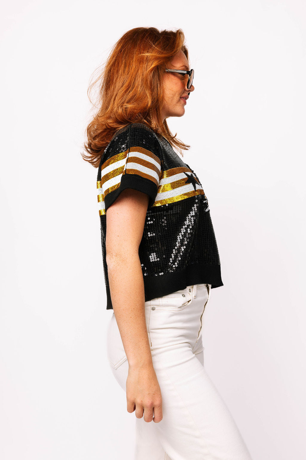 SAMPLE - Black & Gold Full Sequin Football Striped SS Sweater