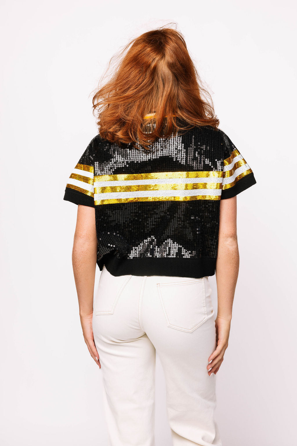 SAMPLE - Black & Gold Full Sequin Football Striped SS Sweater