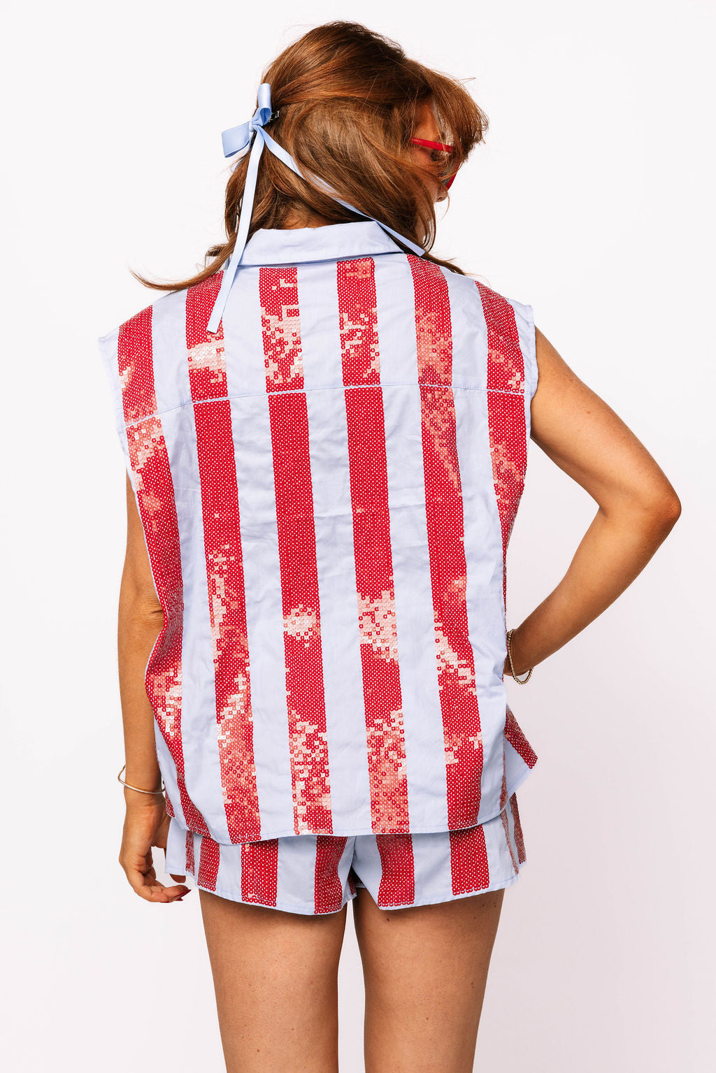 SAMPLE - Red & Powder Blue Sequin Striped Set