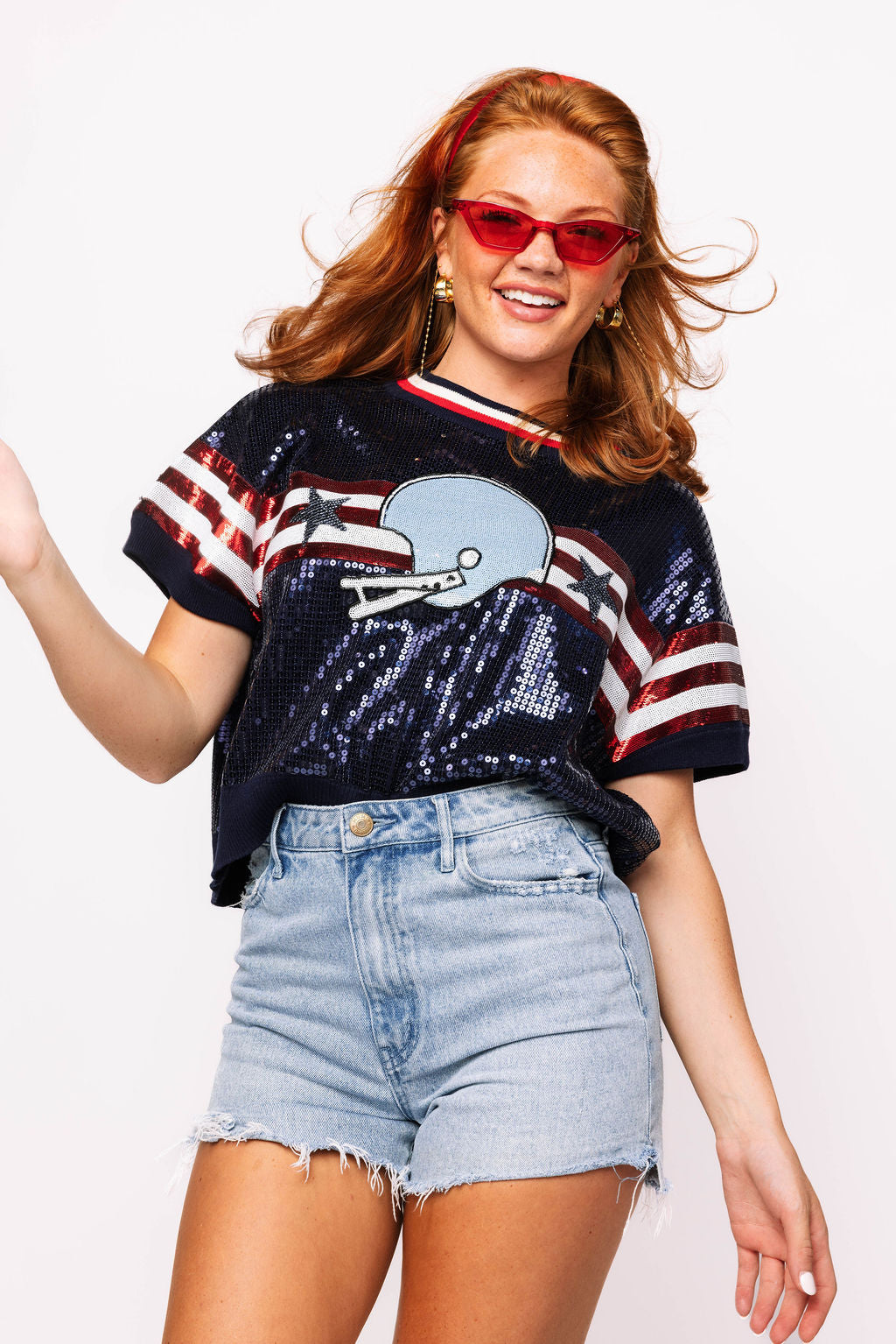 SAMPLE - Navy & Powder Blue Full Sequin Football Striped SS Sweater