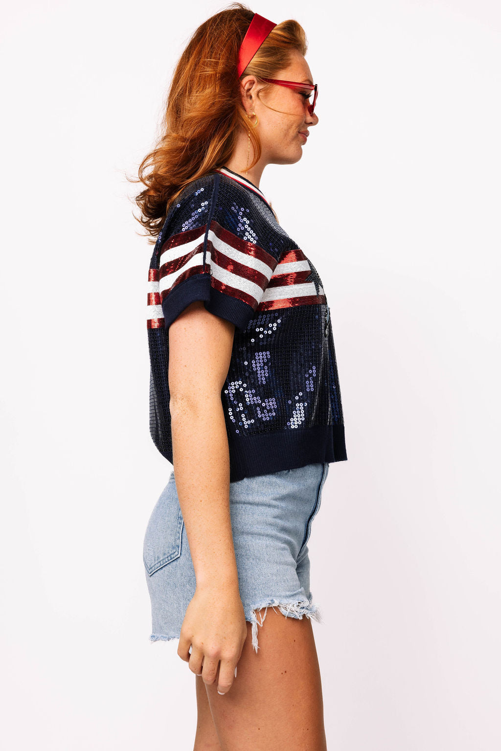 SAMPLE - Navy & Powder Blue Full Sequin Football Striped SS Sweater