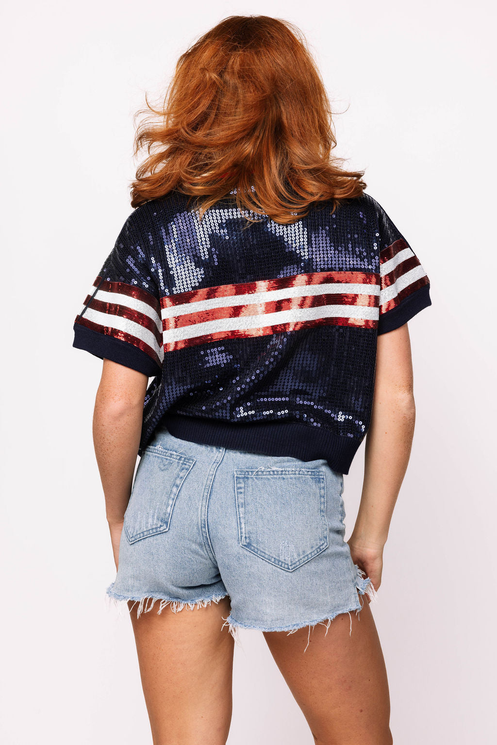 SAMPLE - Navy & Powder Blue Full Sequin Football Striped SS Sweater