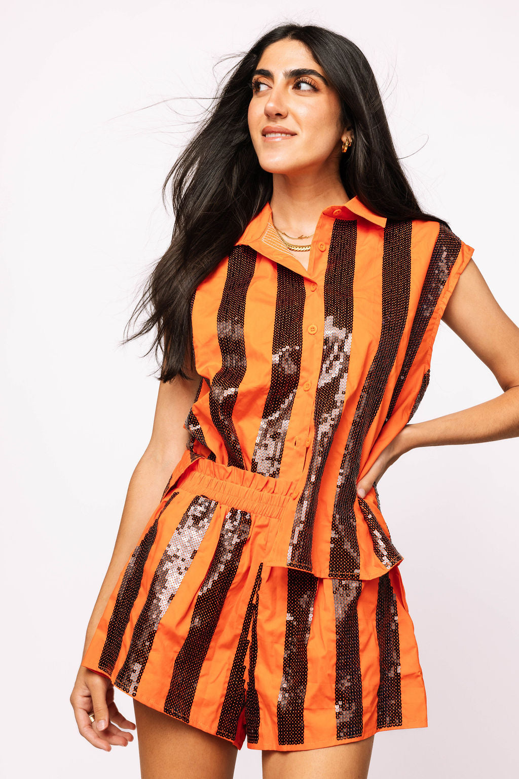 SAMPLE - Orange & Black Sequin Striped Set