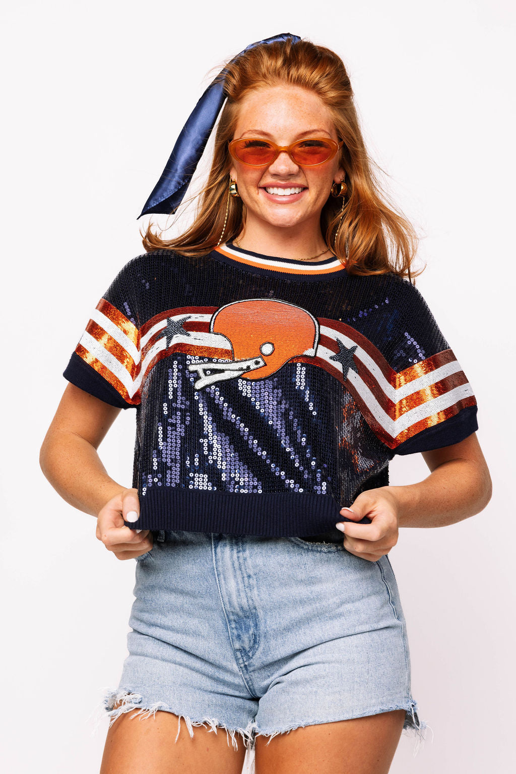 SAMPLE - Orange & Navy Full Sequin Football Striped SS Sweater