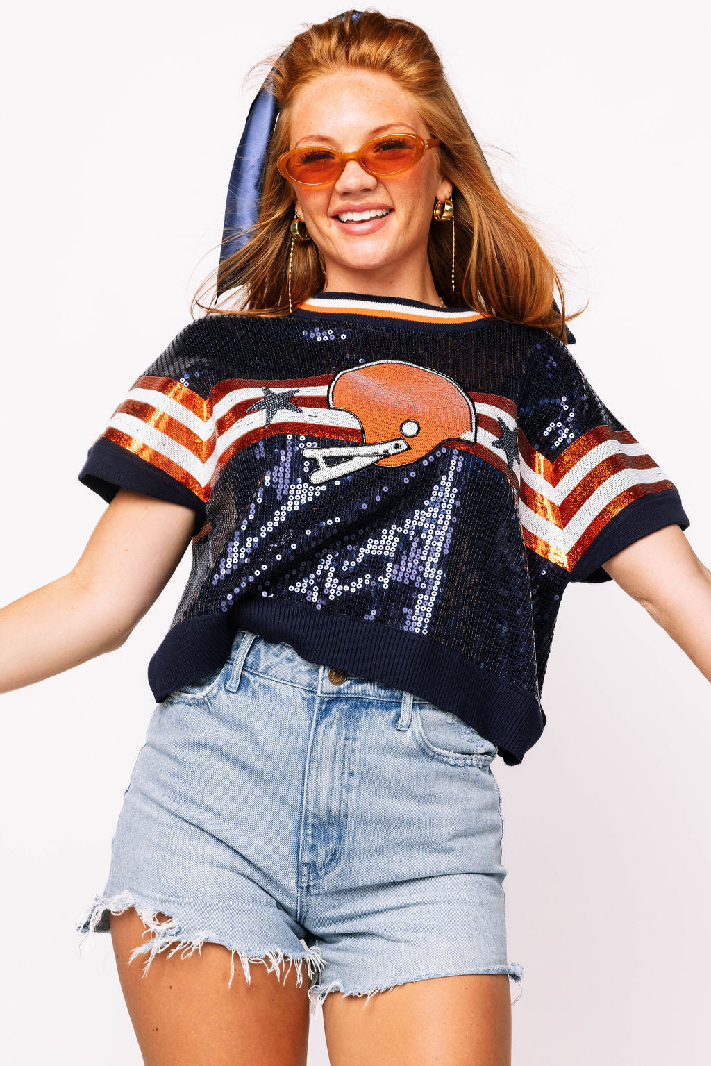 SAMPLE - Orange & Navy Full Sequin Football Striped SS Sweater