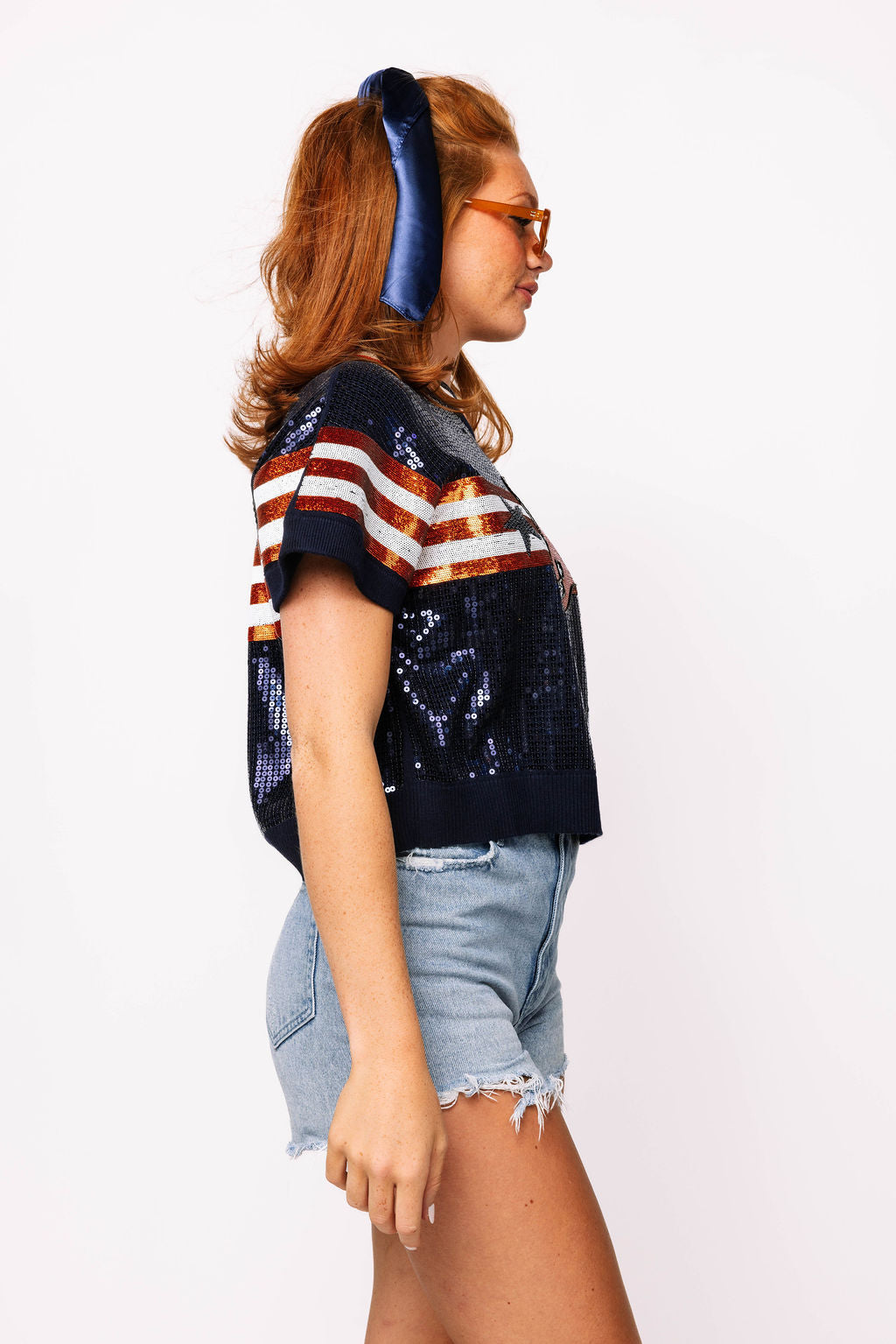 SAMPLE - Orange & Navy Full Sequin Football Striped SS Sweater