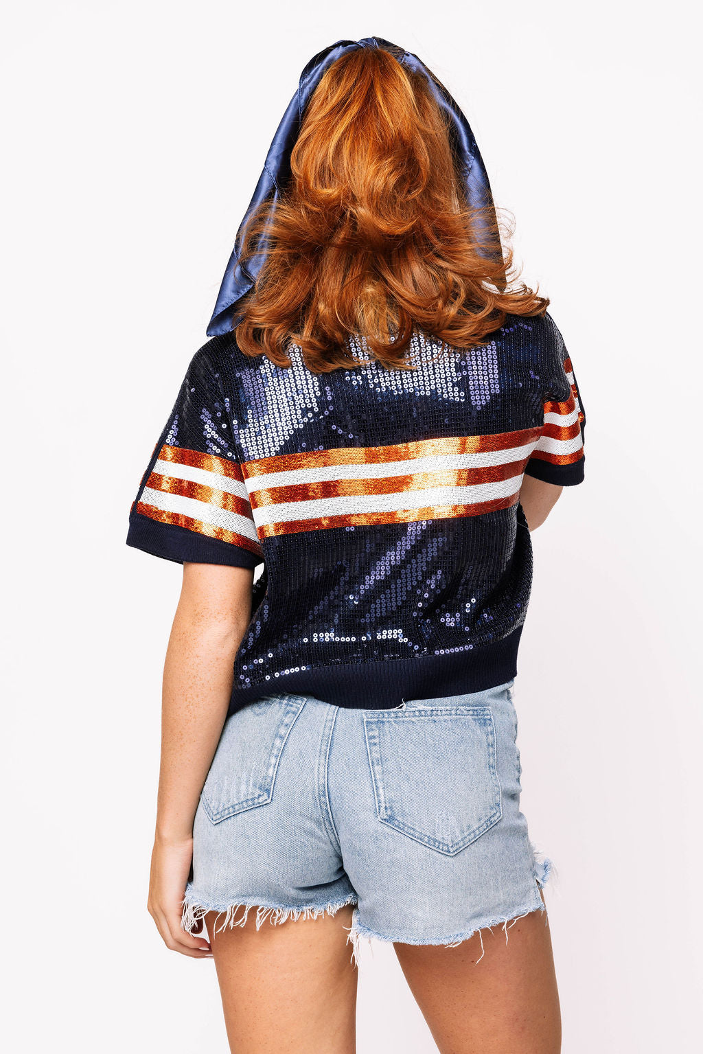 SAMPLE - Orange & Navy Full Sequin Football Striped SS Sweater