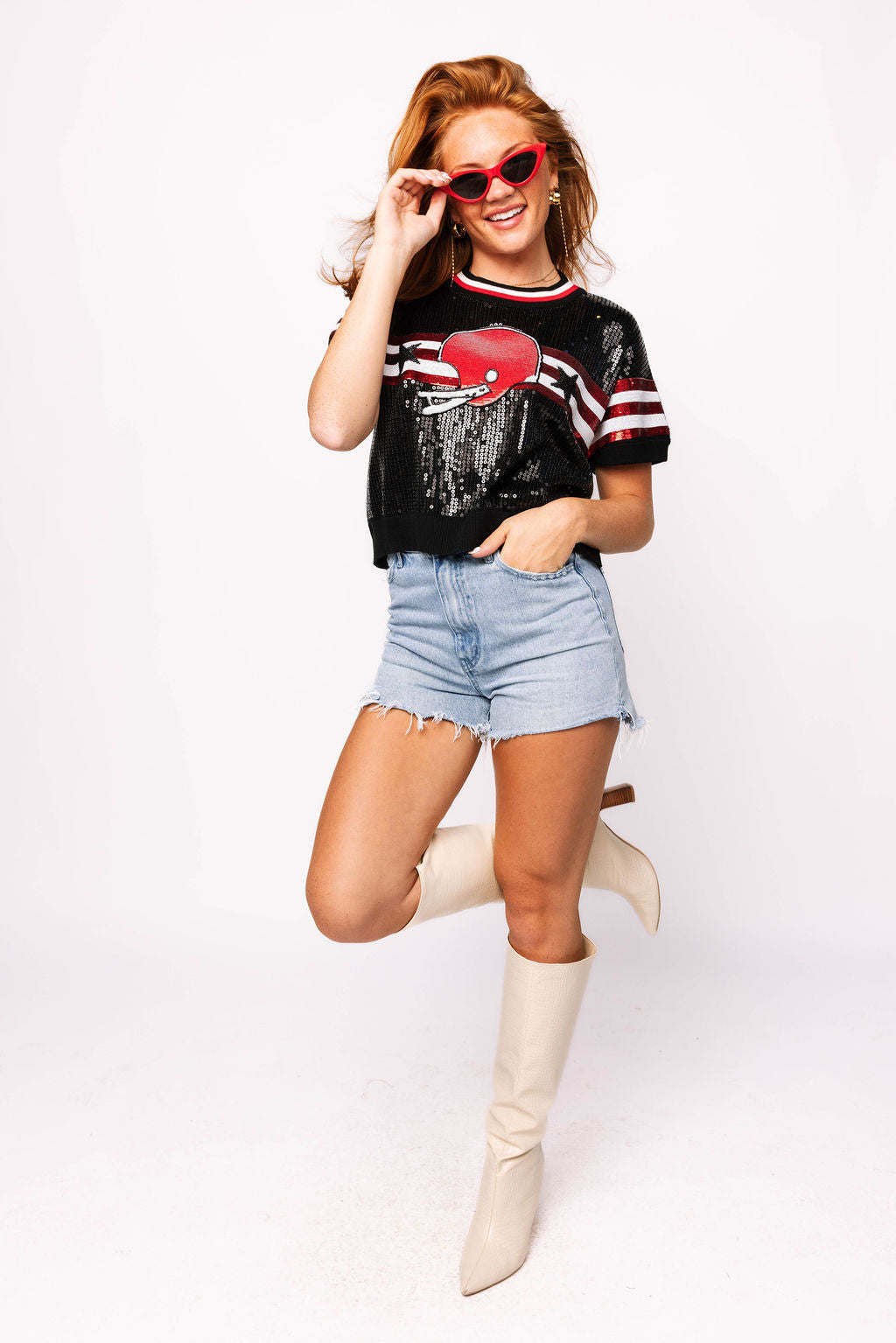 SAMPLE - Red & Black Full Sequin Football Striped SS Sweater