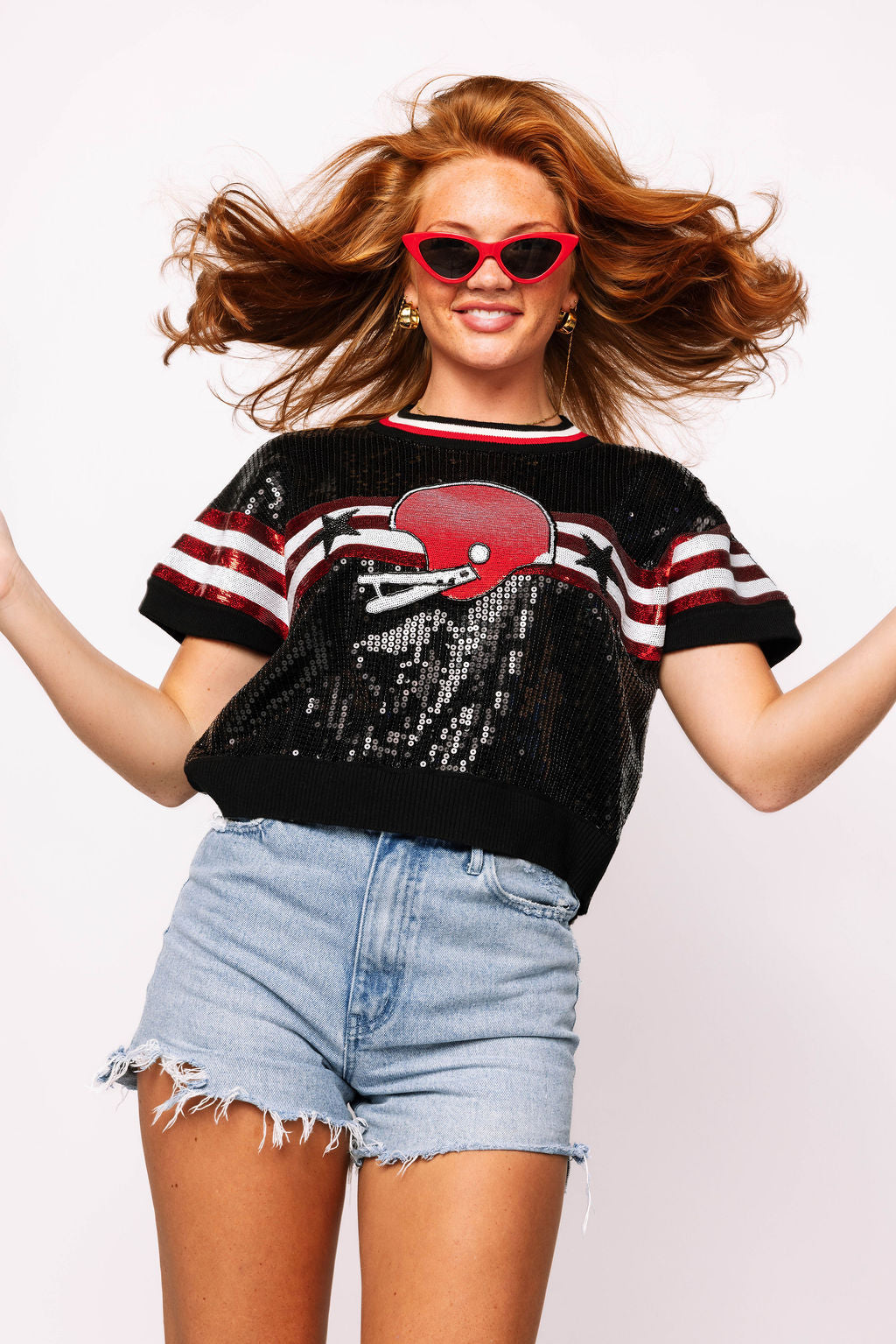 SAMPLE - Red & Black Full Sequin Football Striped SS Sweater