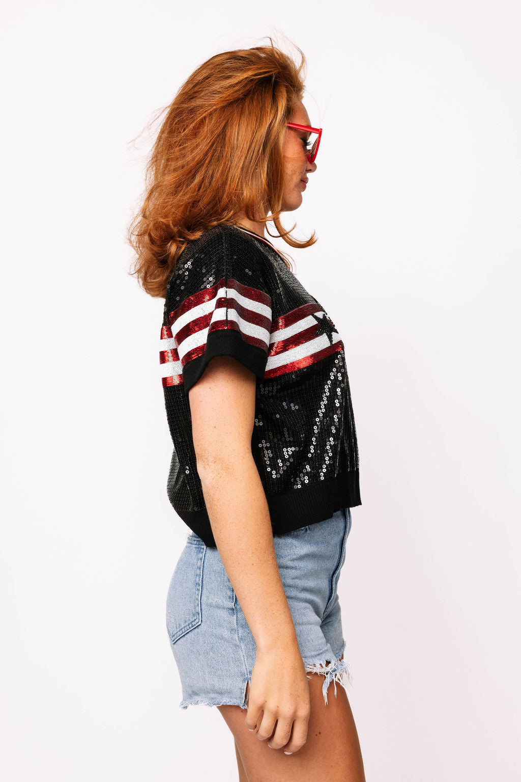 SAMPLE - Red & Black Full Sequin Football Striped SS Sweater