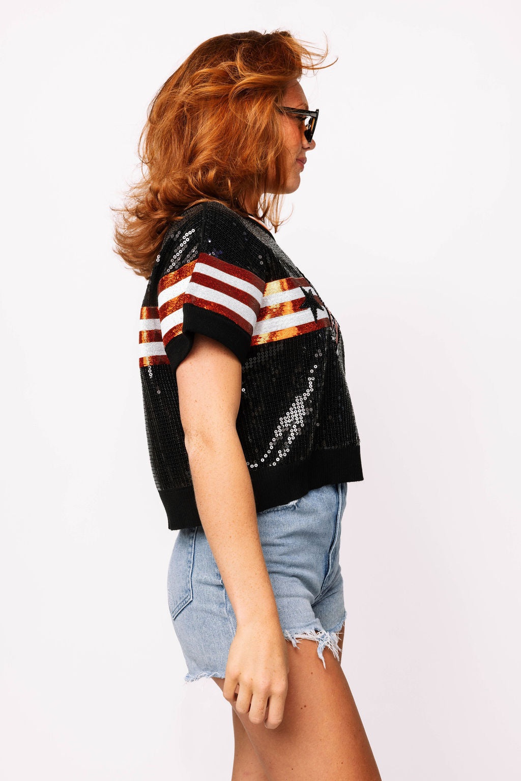 SAMPLE - Orange & Black Full Sequin Football Striped SS Sweater