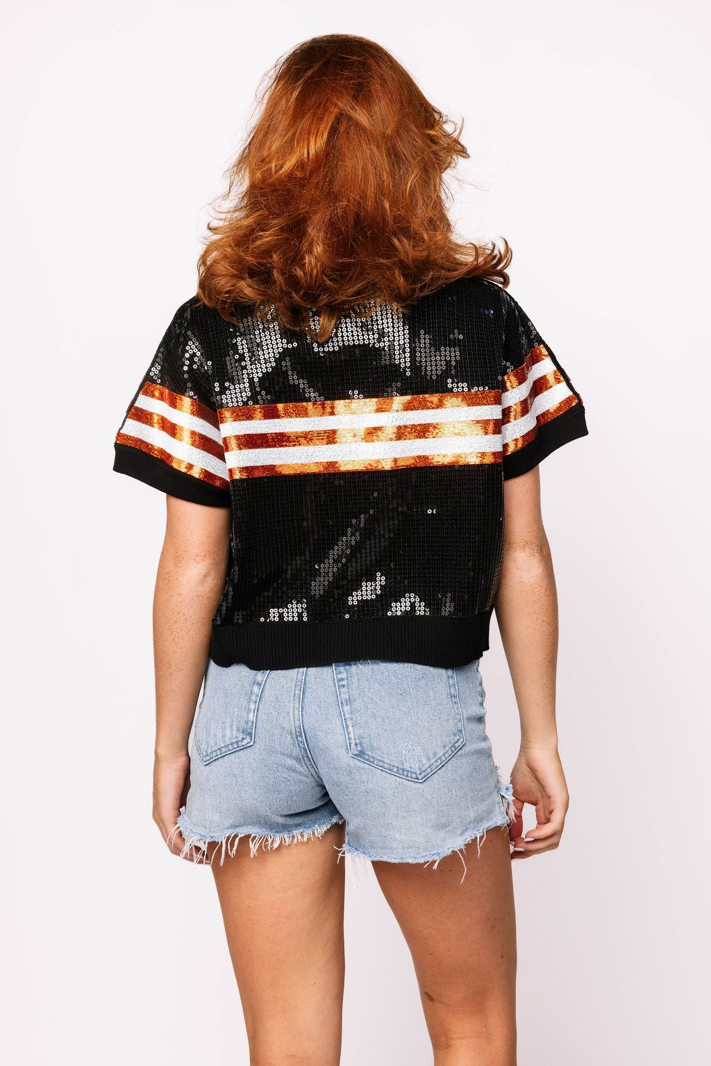 SAMPLE - Orange & Black Full Sequin Football Striped SS Sweater