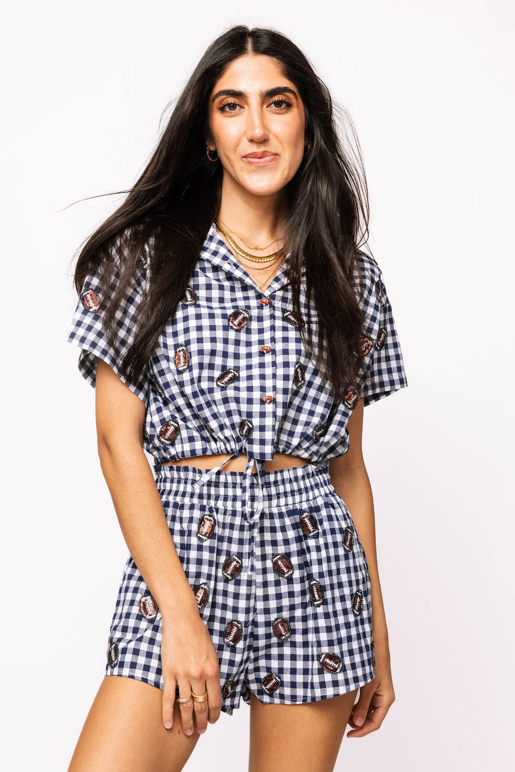 SAMPLE - Navy Gingham Set with Mini Footballs