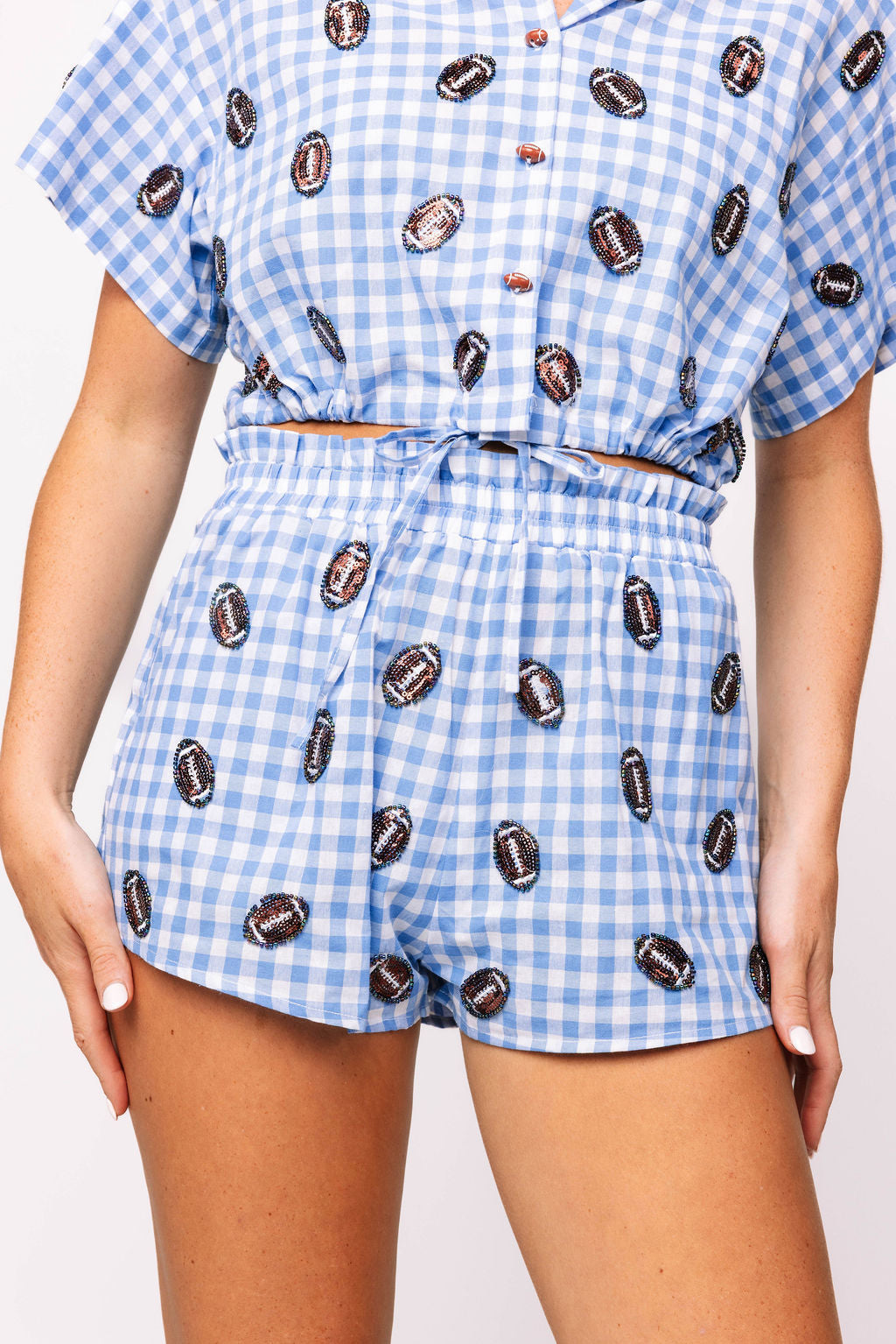 SAMPLE - Powder Blue Gingham Set with Mini Footballs