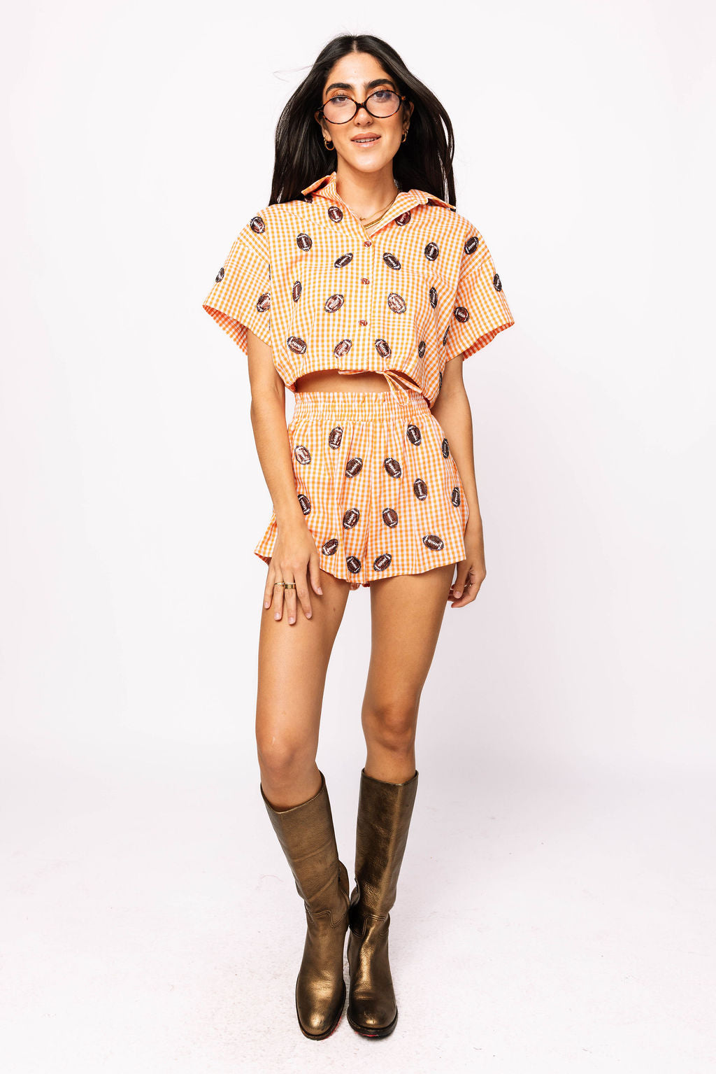 SAMPLE - Orange Gingham Set with Mini Footballs