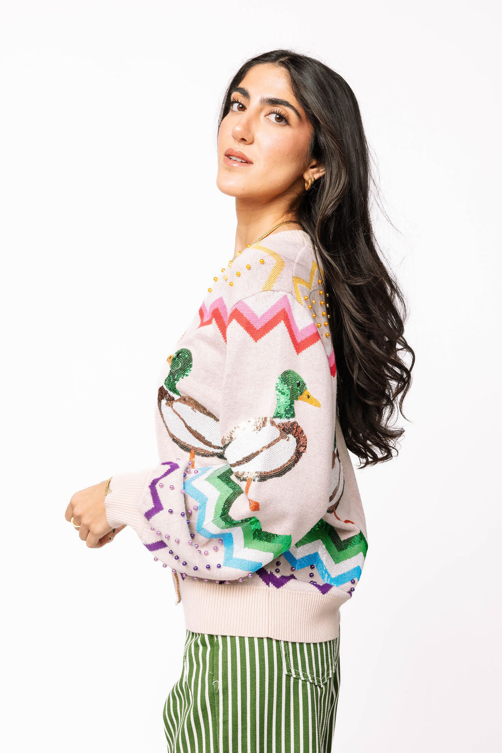 Beige Multi Zig Zag Duck Cardigan