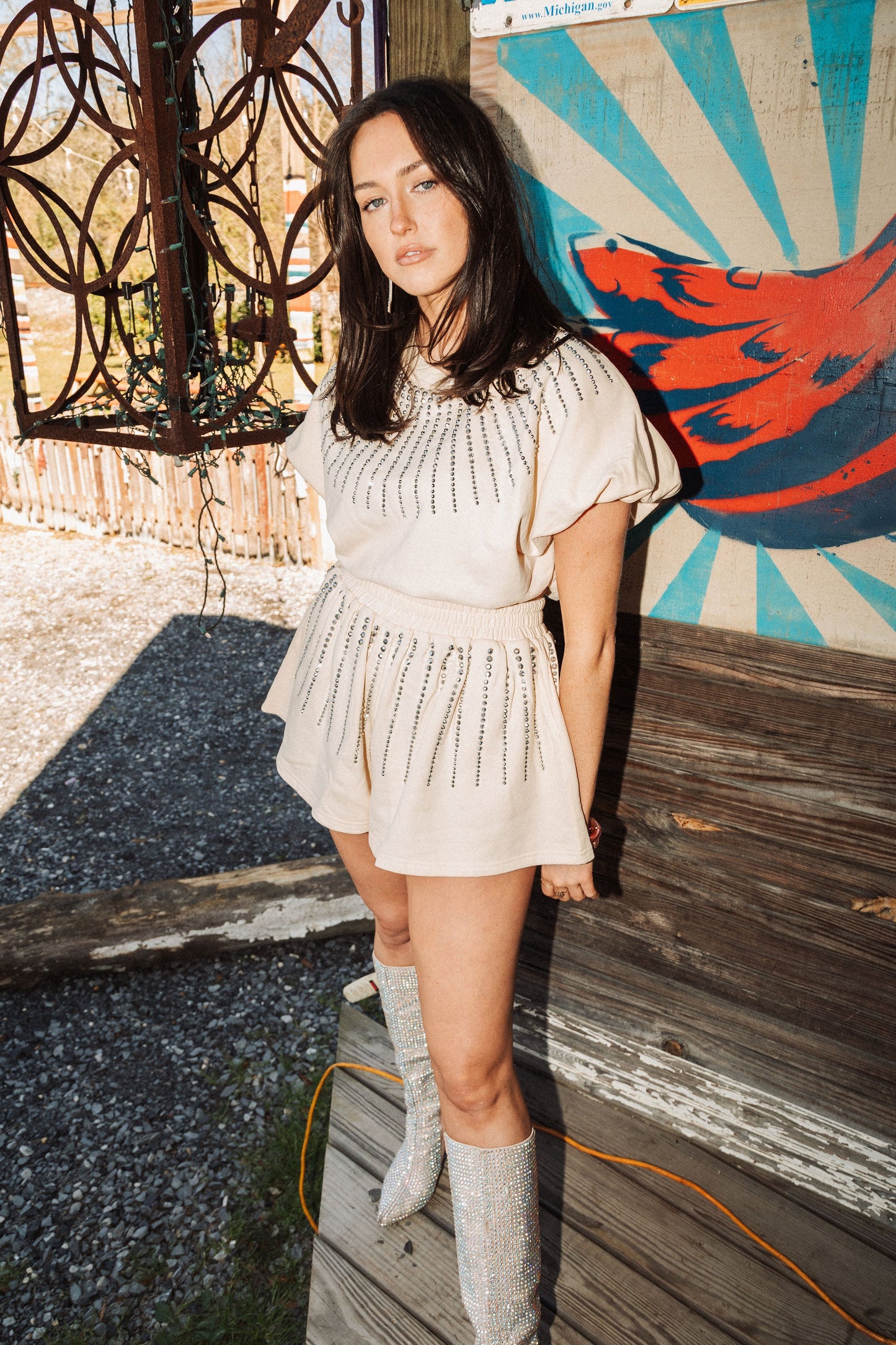 Beige Rhinestone Burst Swing Short