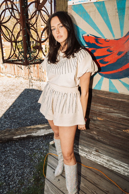 Beige Rhinestone Burst Swing Short