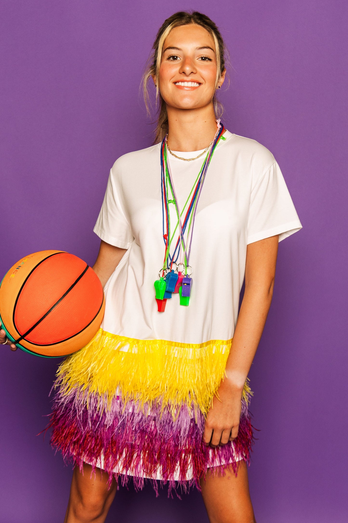 Purple & Yellow Feather Bottom Tee Dress