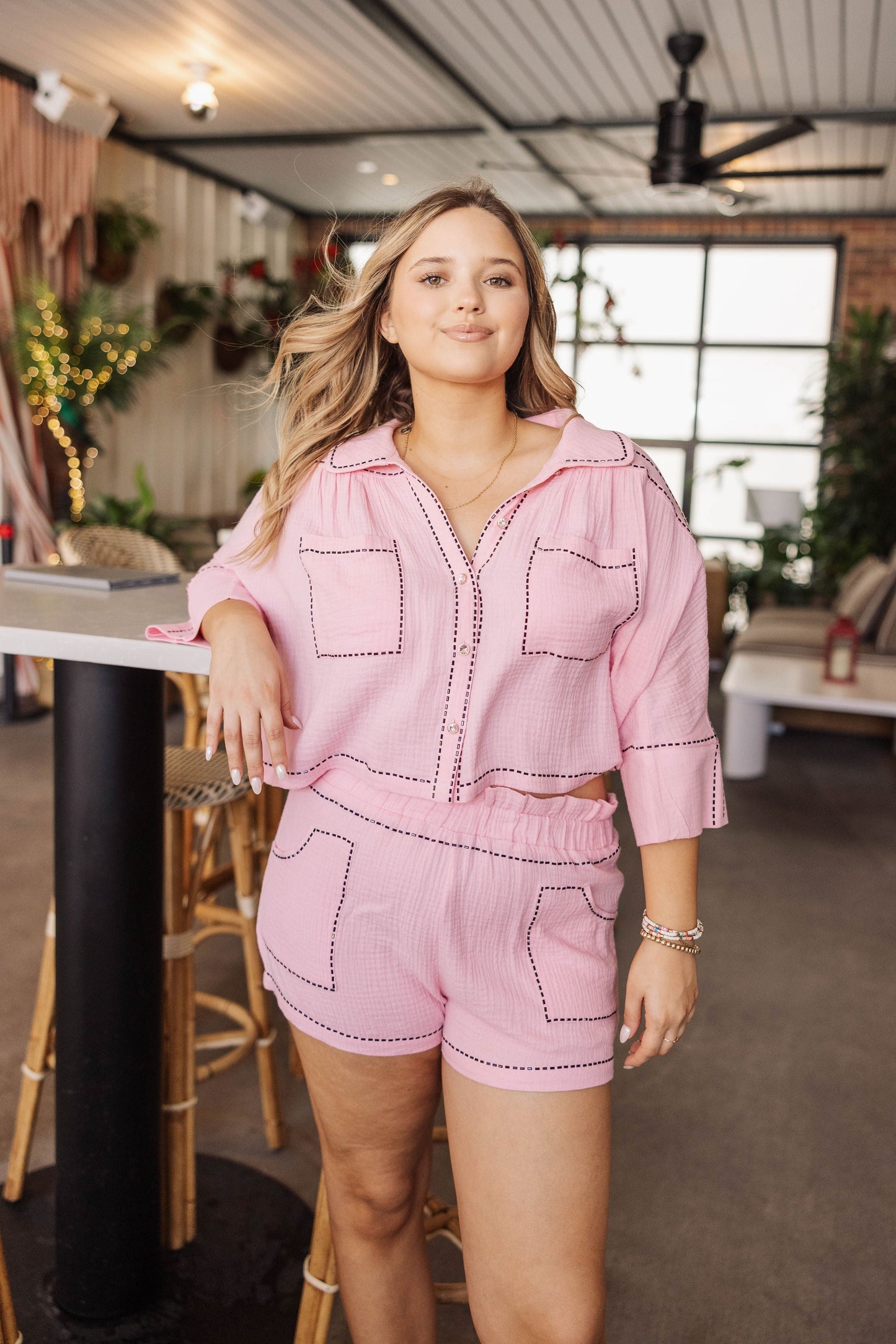 Light Pink & Black Gauze Rhinestone Trim Short