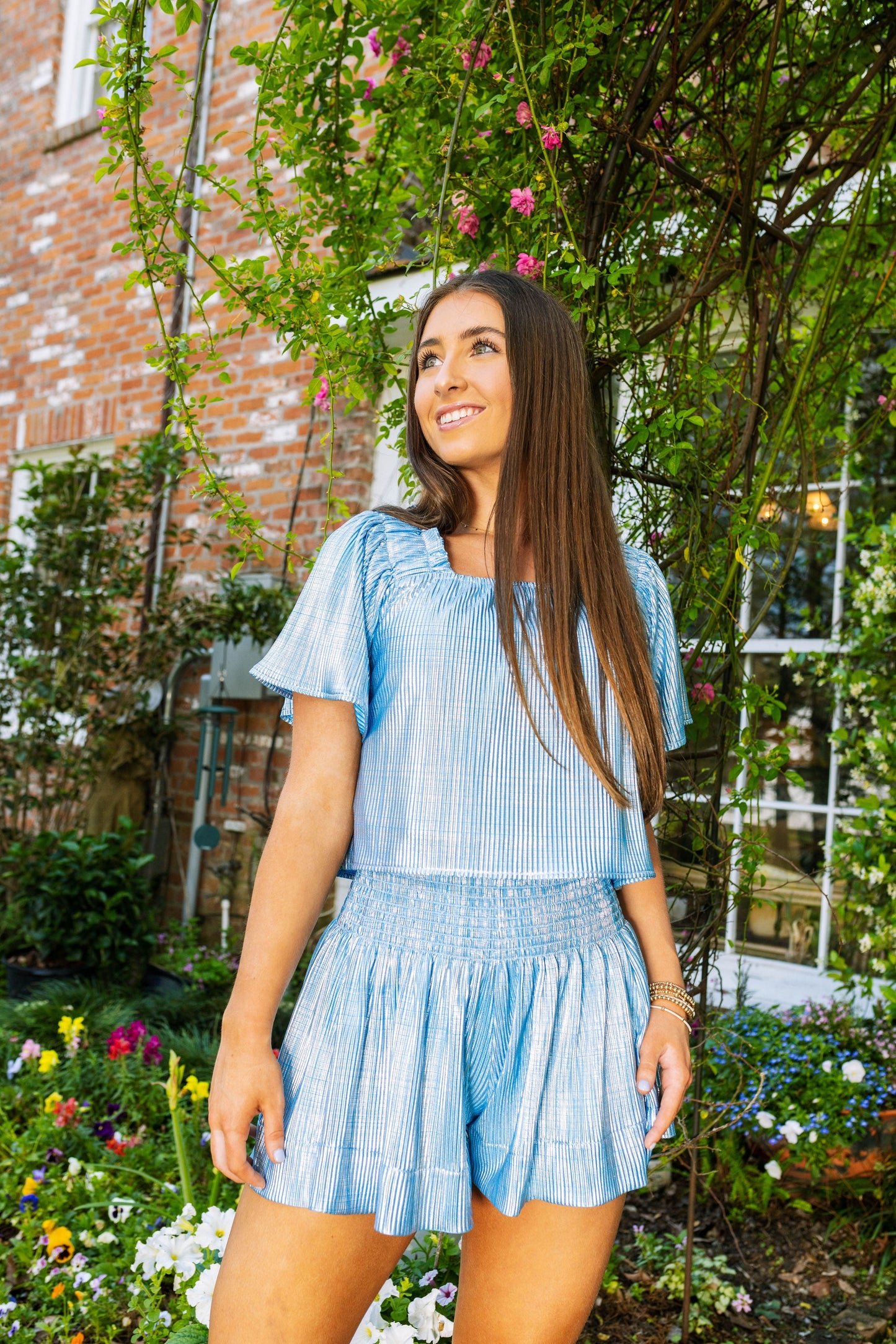 Light Blue & Silver Ribbed Flutter Top