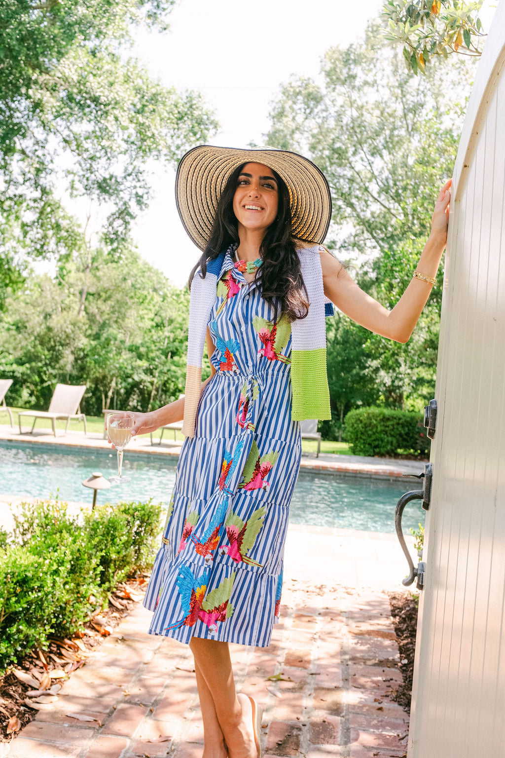 Navy & White Stripe Multi Parrot Tie Midi Cotton Dress