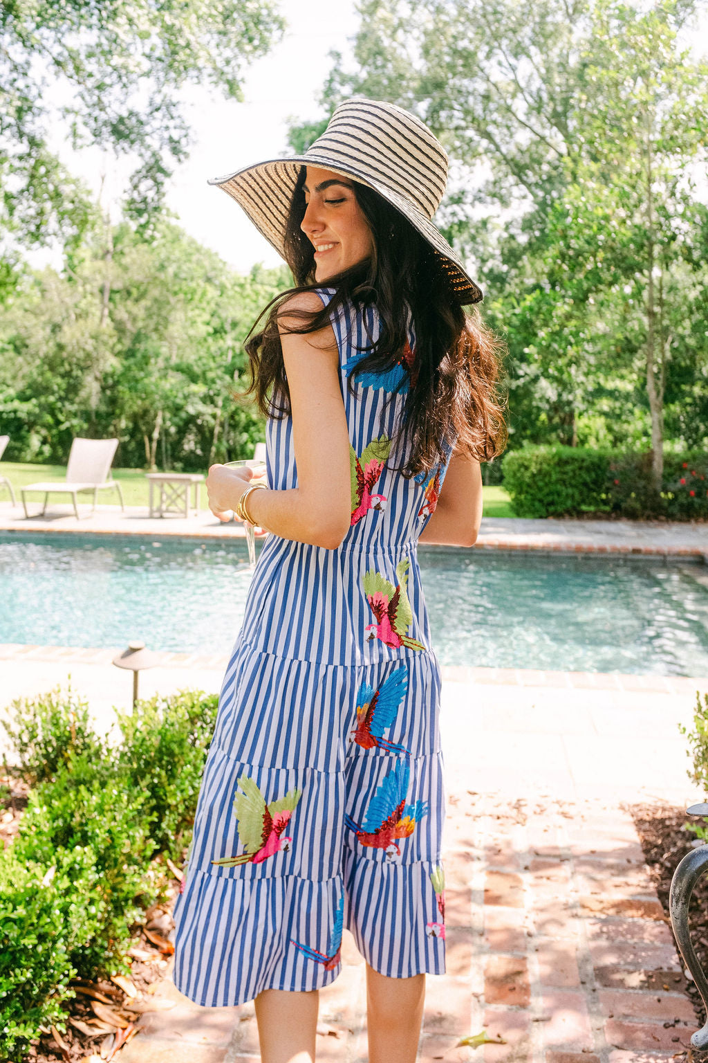 Navy & White Stripe Multi Parrot Tie Midi Cotton Dress