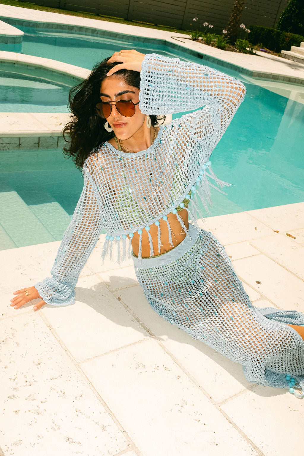 Light Blue Mesh Fringe Coverup Top