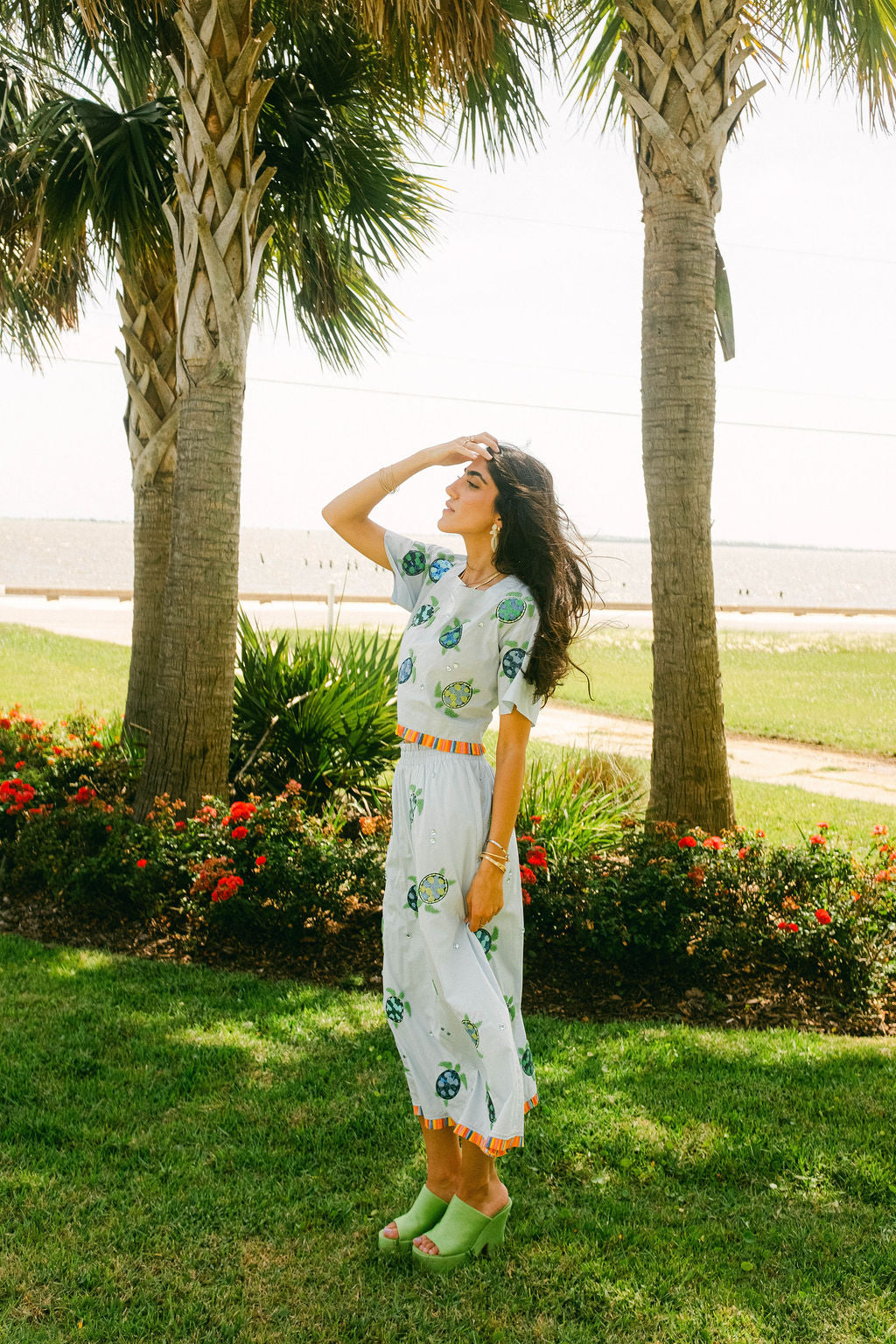 Light Blue Cotton Turtle Fringe Midi Skirt