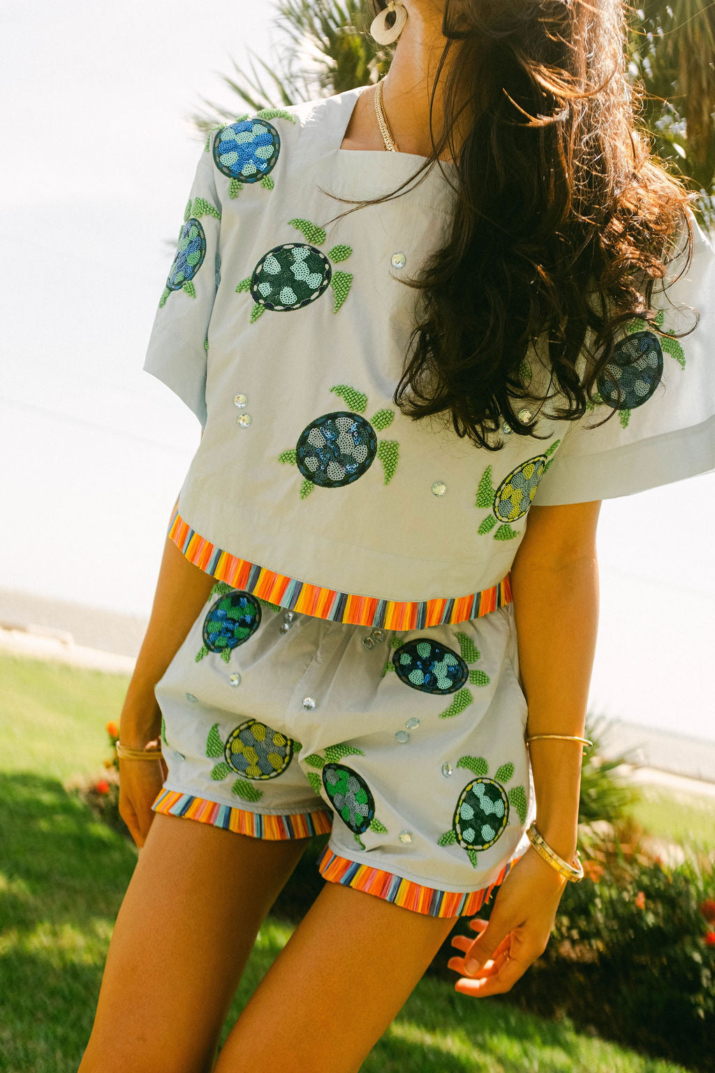 Light Blue Cotton Turtle Fringe Short