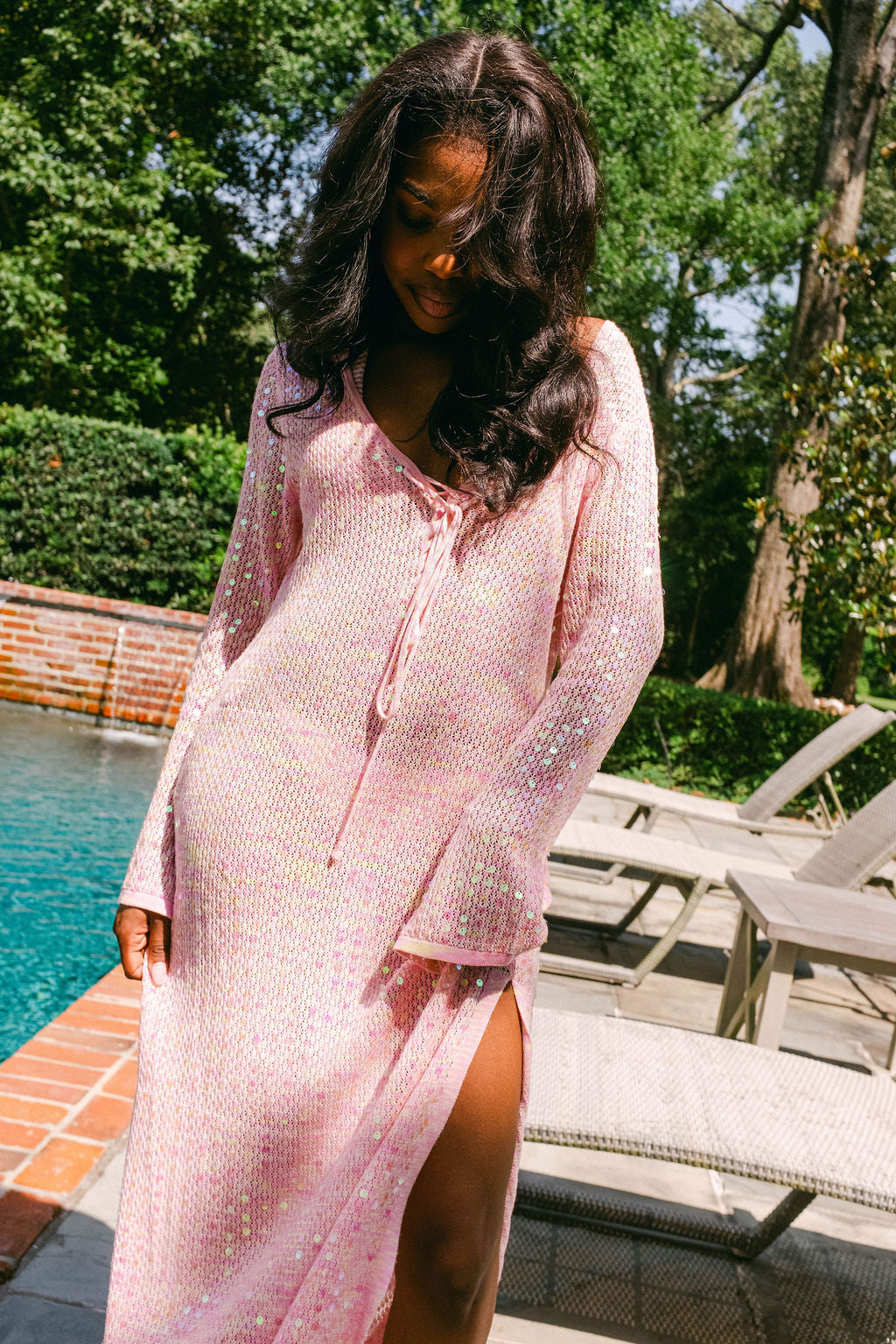Pink Full Sequin Knit Tie Long Sleeve Midi Coverup