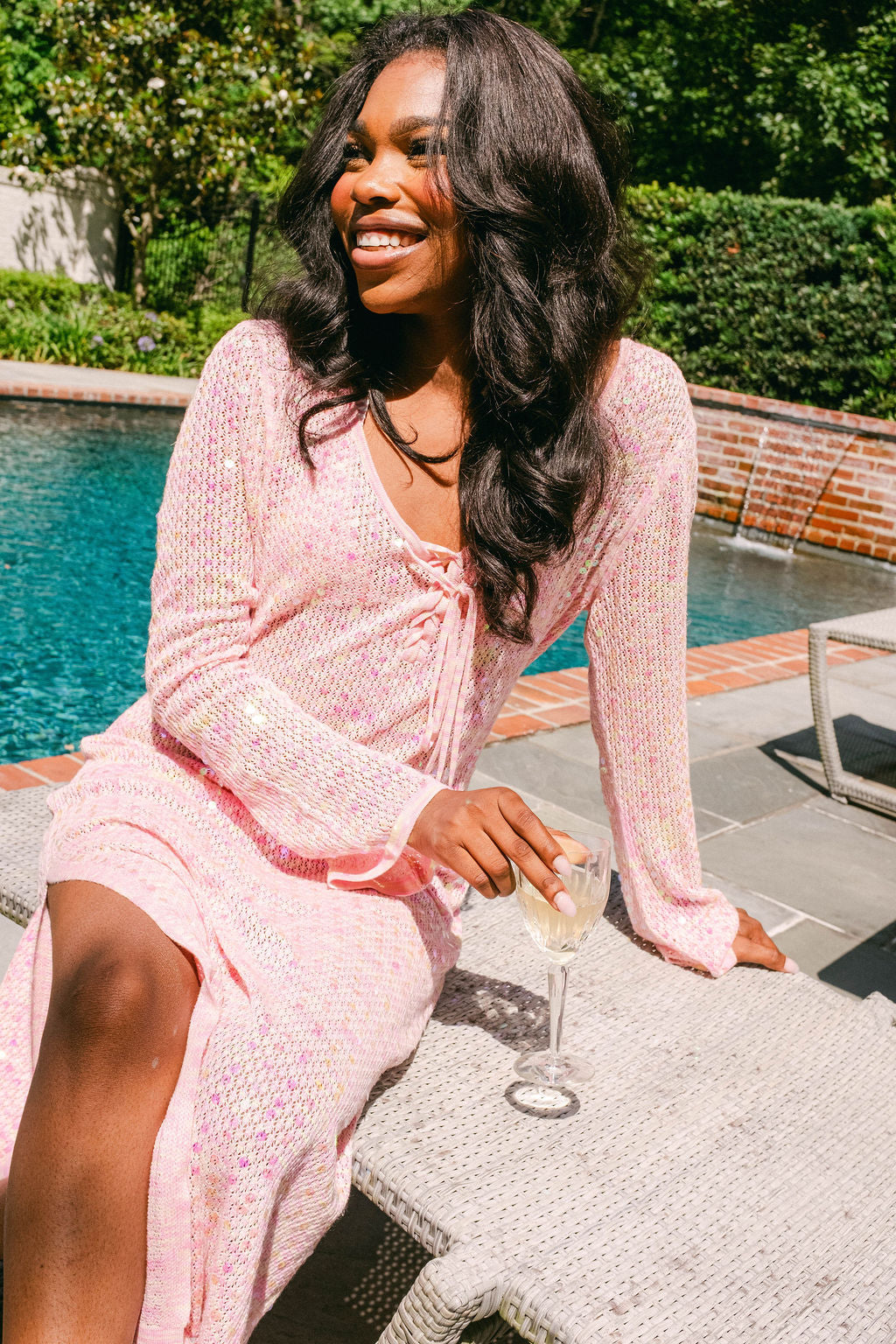 Pink Full Sequin Knit Tie Long Sleeve Midi Coverup